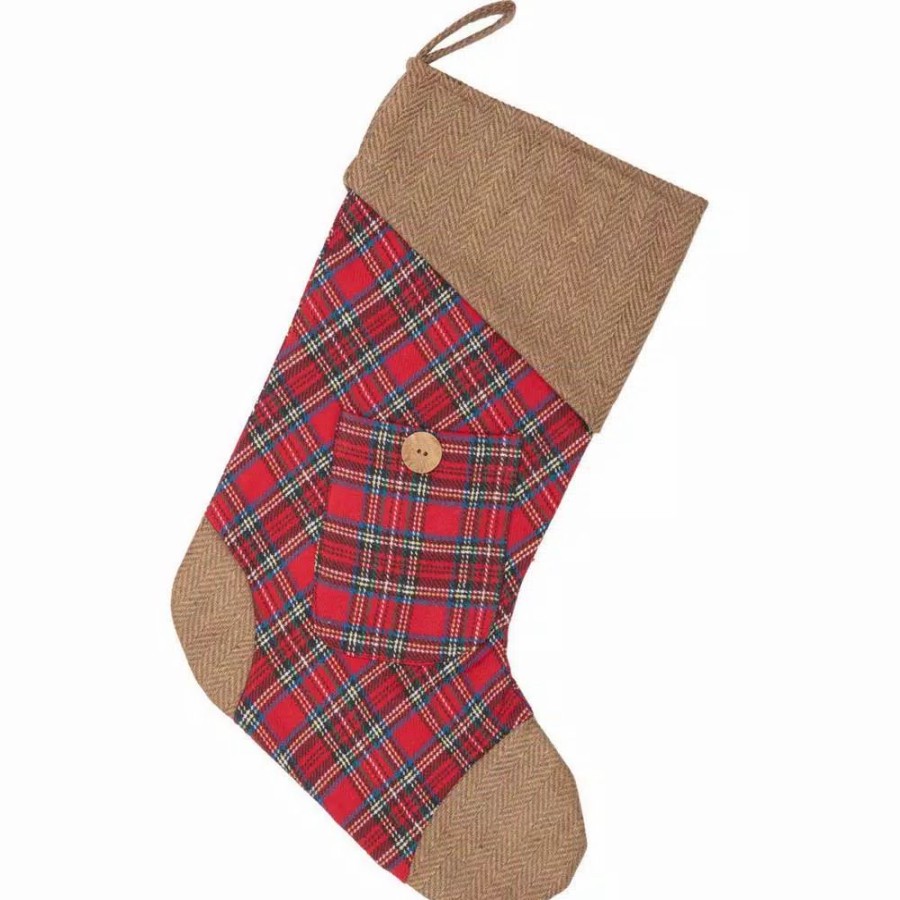 Indoor Christmas Decorations * | Vhc Brands 15 In. Cotton Gavin Cherry Red Rustic Christmas Decor Stocking