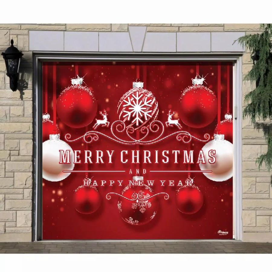 Outdoor Christmas Decorations * | My Door Decor 7 Ft. X 8 Ft. Red Ornaments-Christmas Garage Door Decor Mural For Single Car Garage