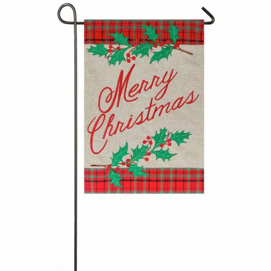 Outdoor Christmas Decorations * | Evergreen 18 In. X 12.5 In. Merry Christmas Plaid Garden Burlap Flag