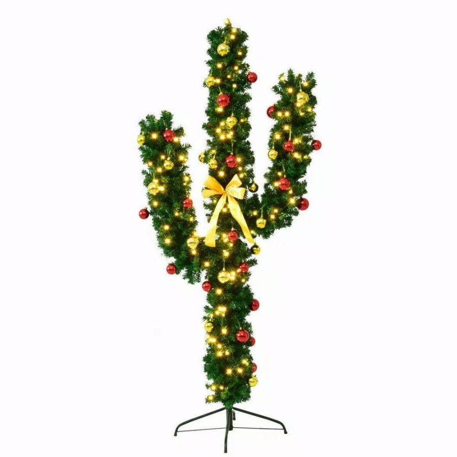 Christmas Trees * | Costway 7 Ft. Pre-Lit Cactus Artificial Christmas Tree With Led Lights And Ball Ornaments