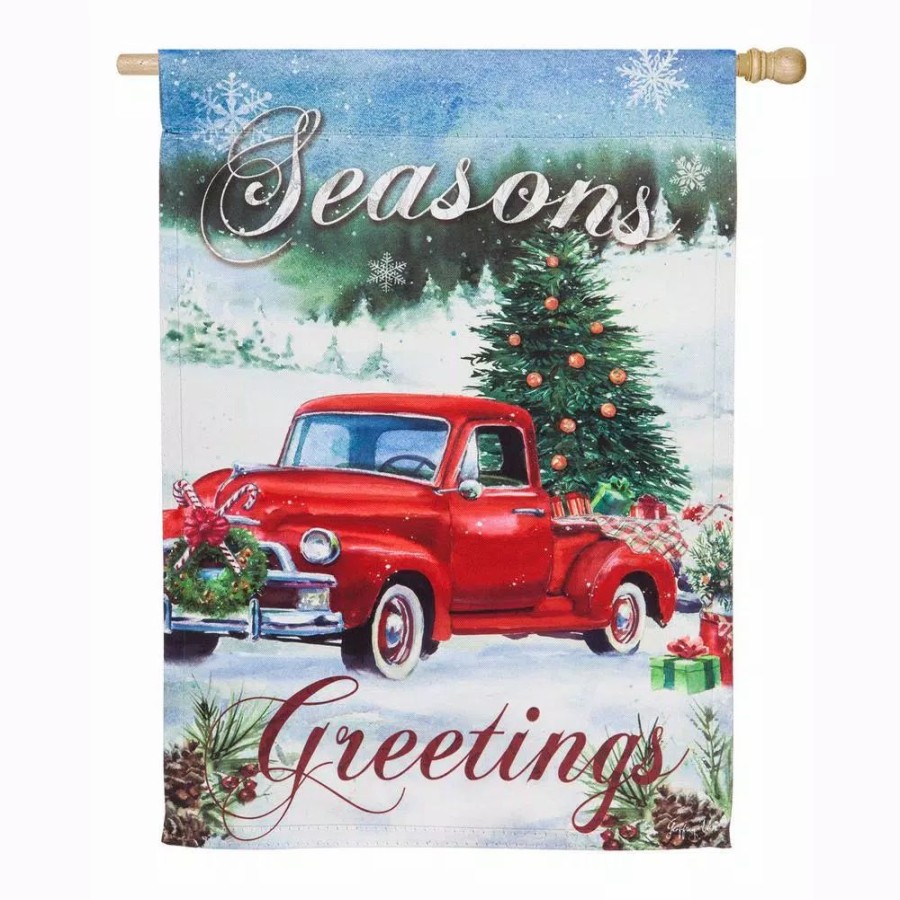 Outdoor Christmas Decorations * | Evergreen 28 In. X 44 In. Christmas Farm Pickup House Suede Flag