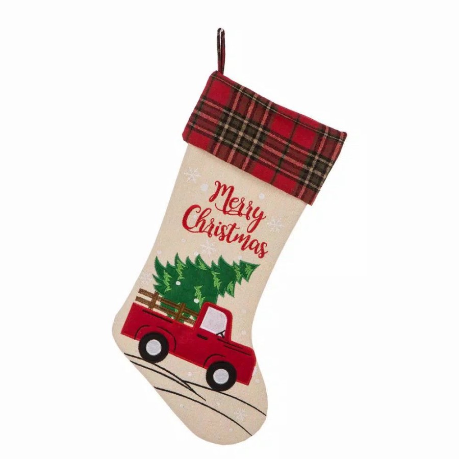 Indoor Christmas Decorations * | Glitzhome 21 In. L Embroidered Linen Christmas Stocking Red Truck