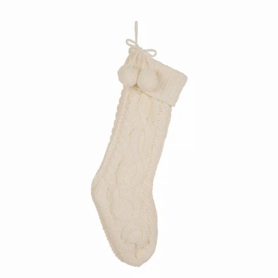 Indoor Christmas Decorations * | Glitzhome 24 In.H Knitted Polyester Christmas Stocking With Pom Ball-White