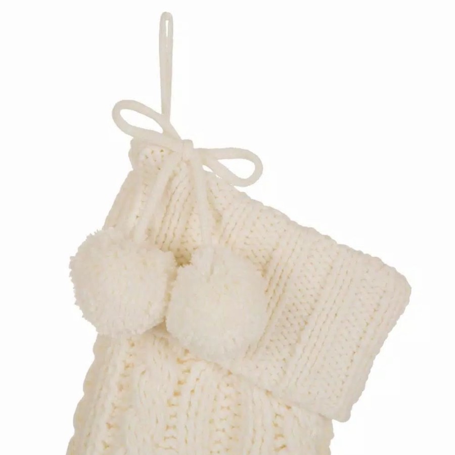 Indoor Christmas Decorations * | Glitzhome 24 In.H Knitted Polyester Christmas Stocking With Pom Ball-White