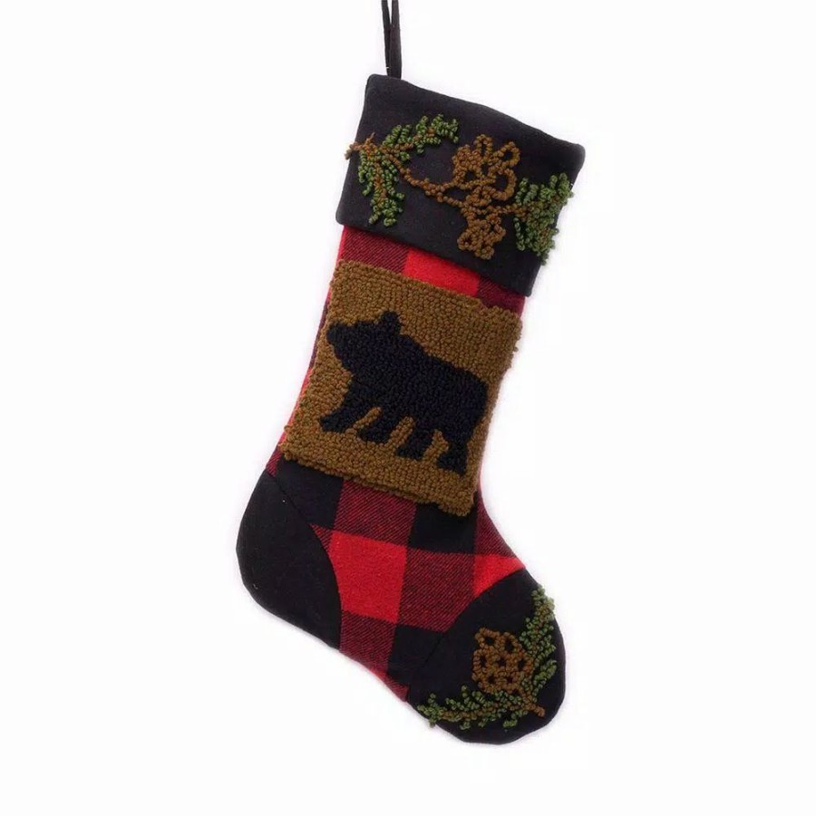 Indoor Christmas Decorations * | Glitzhome 19 In. Polyester/Acrylic Plaid Christmas Stocking With Rug Hooked Bear