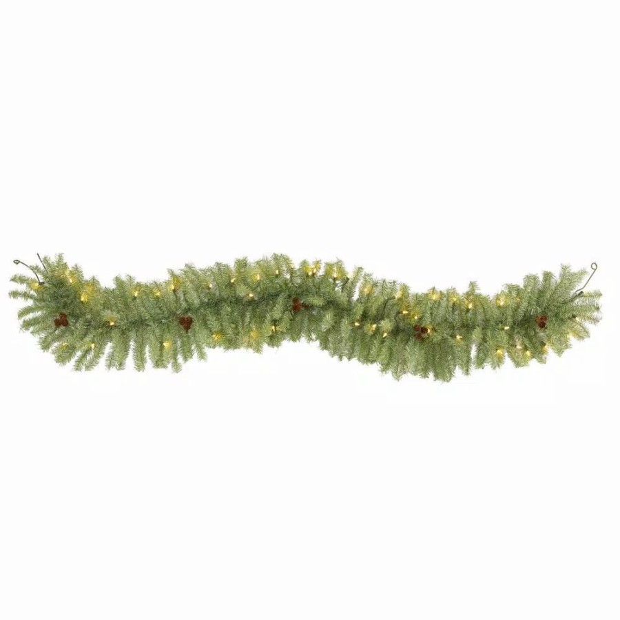 Christmas Greenery * | Nearly Natural 6 Ft. Pre-Lit Christmas Pine Artificial Garland With 50 Warm White Led Lights And Pine Cones