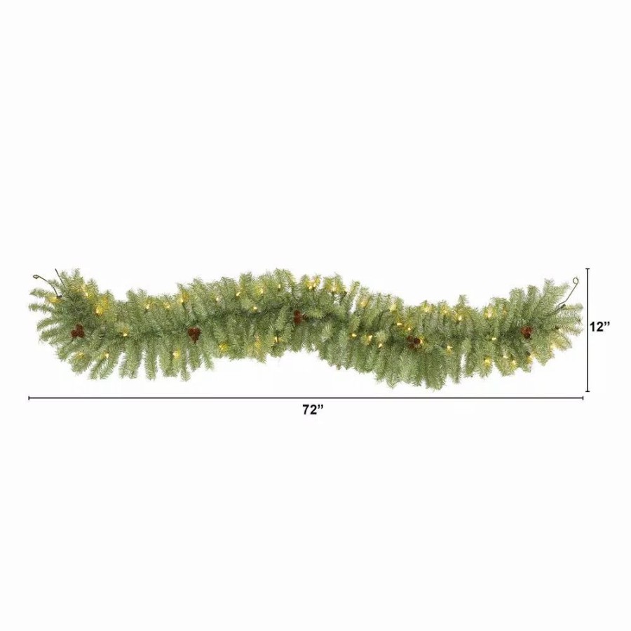 Christmas Greenery * | Nearly Natural 6 Ft. Pre-Lit Christmas Pine Artificial Garland With 50 Warm White Led Lights And Pine Cones