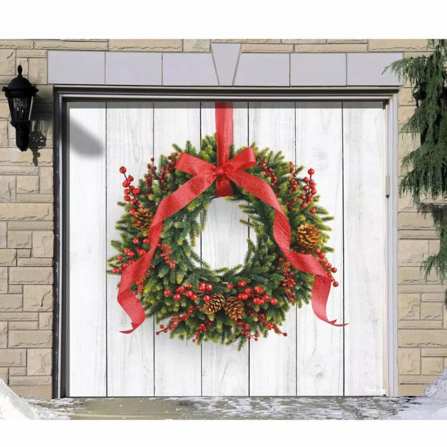 Outdoor Christmas Decorations * | My Door Decor 7 Ft. X 8 Ft. Christmas Wreath-Christmas Garage Door Decor Mural For Single Car Garage