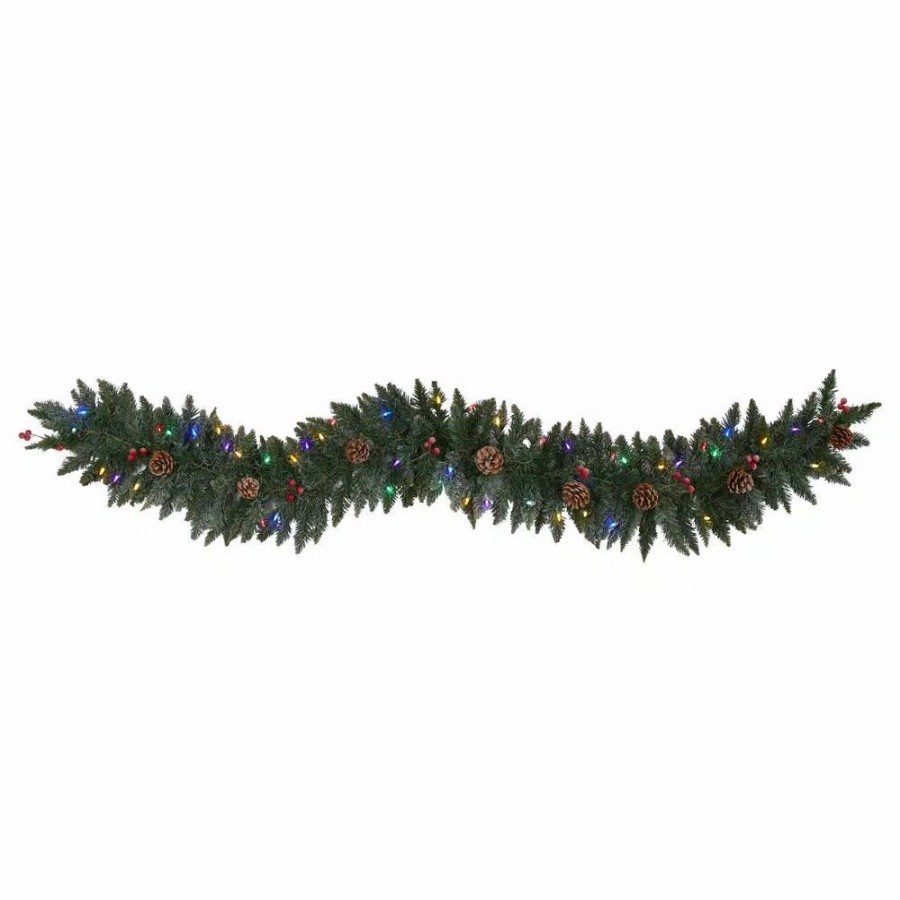 Christmas Greenery * | Nearly Natural 6 Ft. Pre-Lit Snow Dusted Artificial Christmas Garland With 50 Multi-Colored Led Lights, Berries And Pinecones