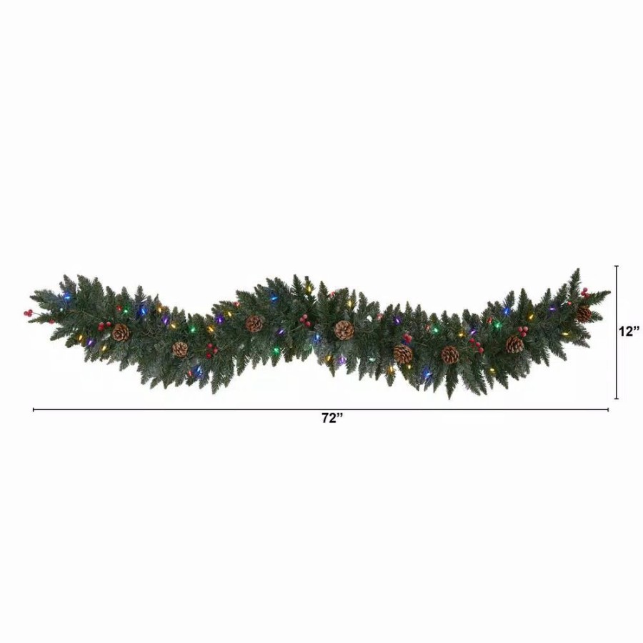 Christmas Greenery * | Nearly Natural 6 Ft. Pre-Lit Snow Dusted Artificial Christmas Garland With 50 Multi-Colored Led Lights, Berries And Pinecones