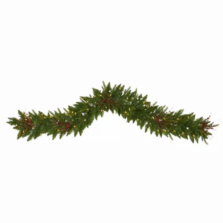 Christmas Greenery * | Nearly Natural 6 Ft. Pre-Lit Christmas Pine Artificial Garland With 50 Warm White Led Lights And Berries