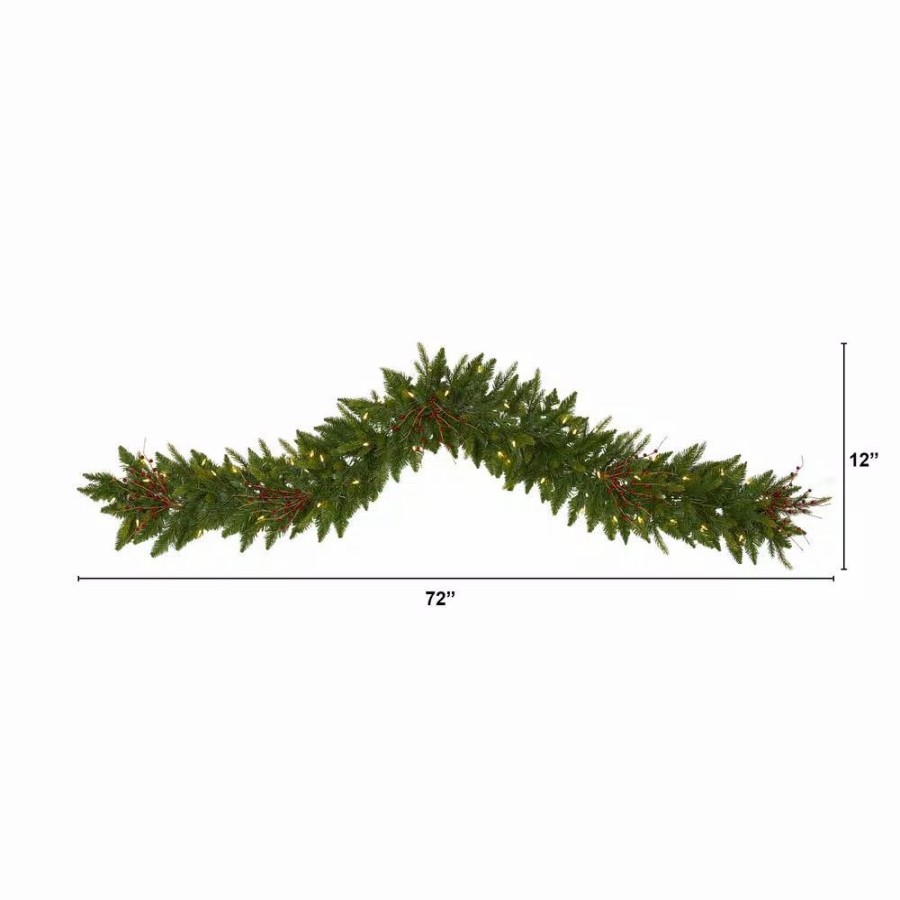 Christmas Greenery * | Nearly Natural 6 Ft. Pre-Lit Christmas Pine Artificial Garland With 50 Warm White Led Lights And Berries