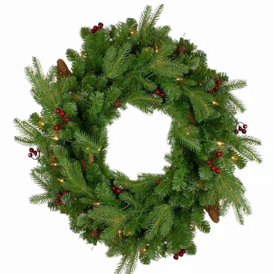 Christmas Greenery * | Northlight 24 In. Pre-Lit Mixed Winter Berry Pine Artificial Christmas Wreath Clear Lights