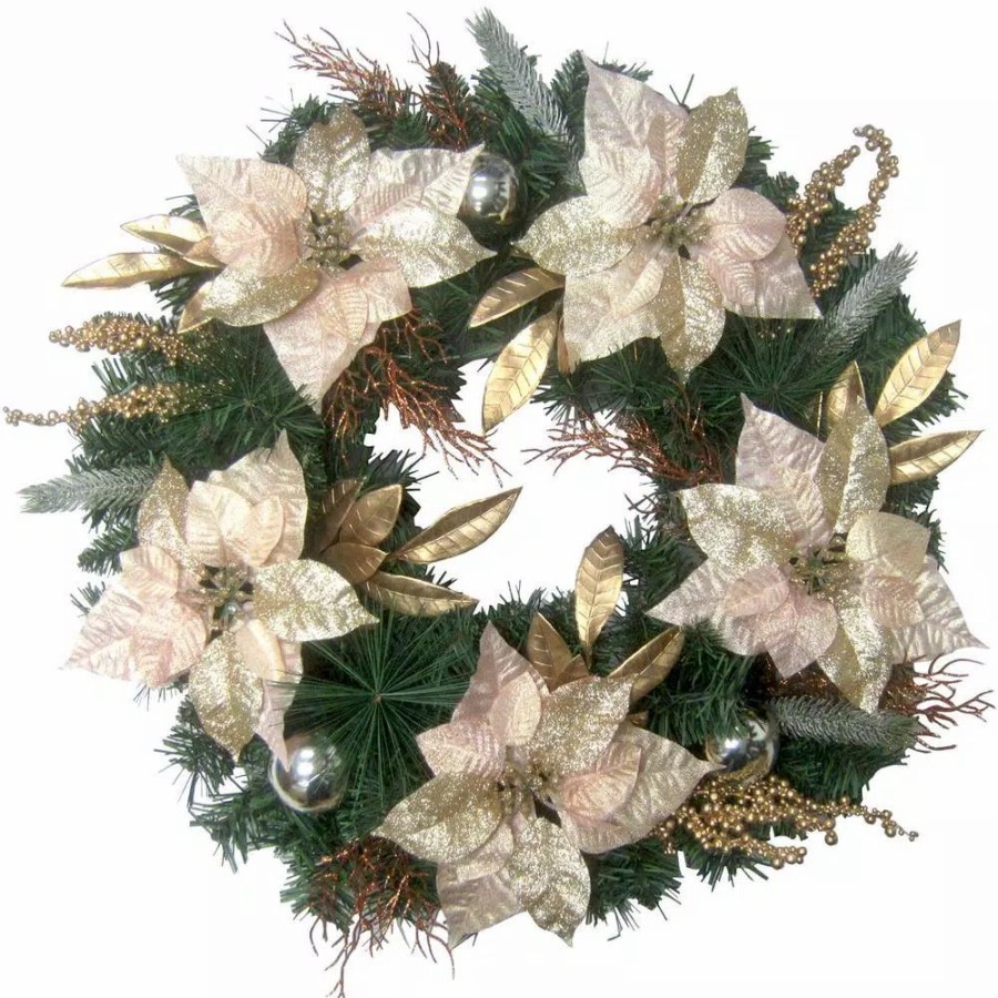 Christmas Greenery * | Fraser Hill Farm 24 In. Artificial Christmas Wreath With Poinsettias, Ornaments And Gold Berries