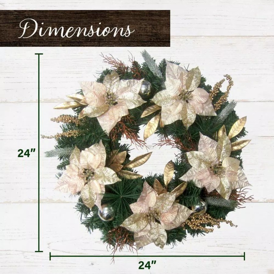 Christmas Greenery * | Fraser Hill Farm 24 In. Artificial Christmas Wreath With Poinsettias, Ornaments And Gold Berries