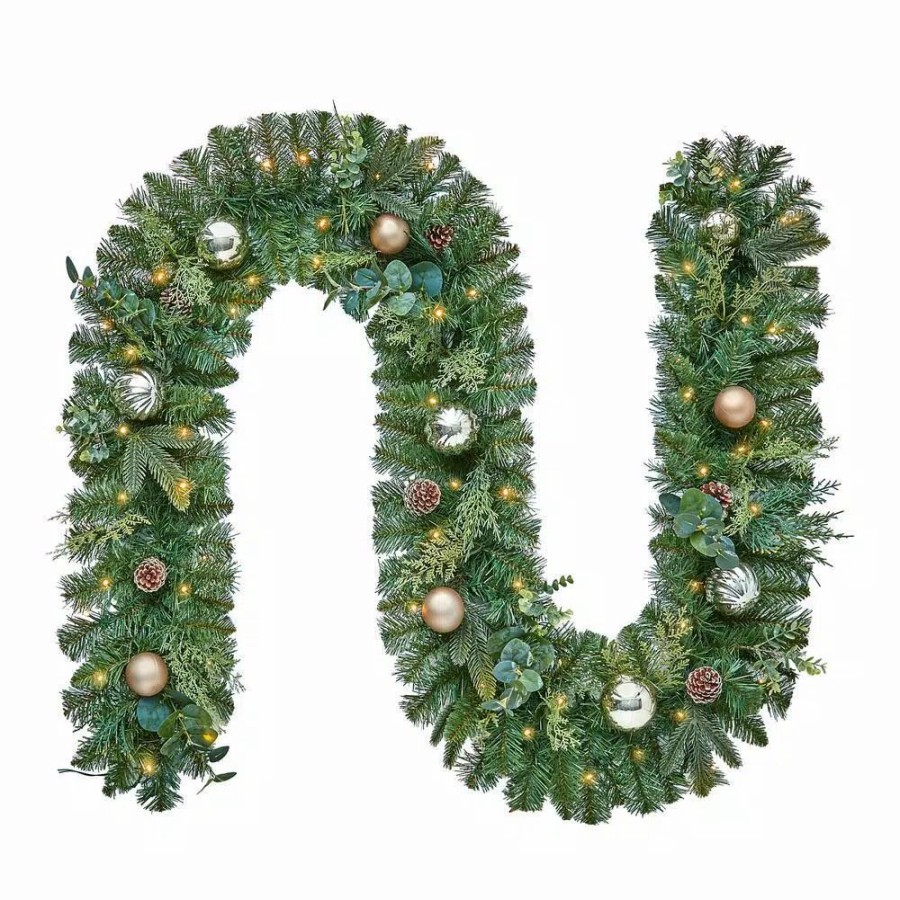 Christmas Greenery * | Home Accents Holiday 9 Ft. St. Germain Battery Operated Mixed Pine Led Pre-Lit Christmas Garland With Timer