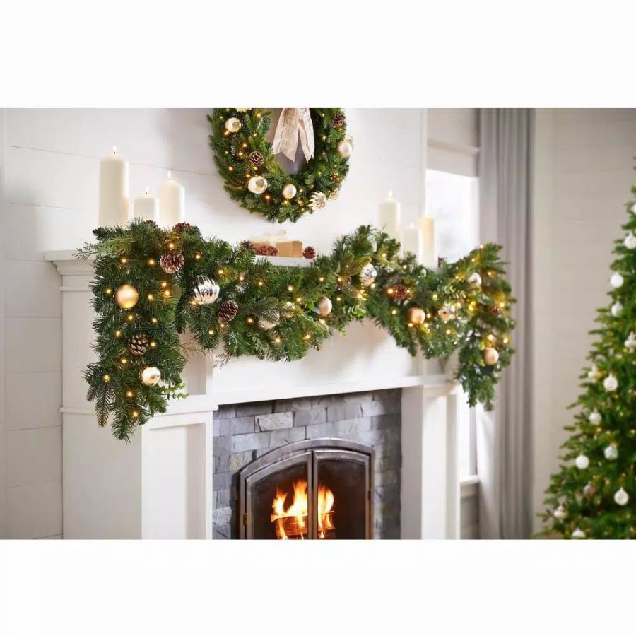 Christmas Greenery * | Home Accents Holiday 9 Ft. St. Germain Battery Operated Mixed Pine Led Pre-Lit Christmas Garland With Timer