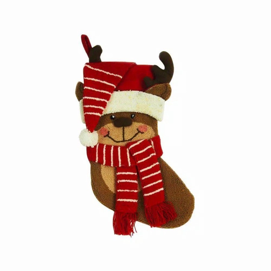 Indoor Christmas Decorations * | Glitzhome 19 In. Polyester/Acrylic Hooked 3D Reindeer Christmas Stocking