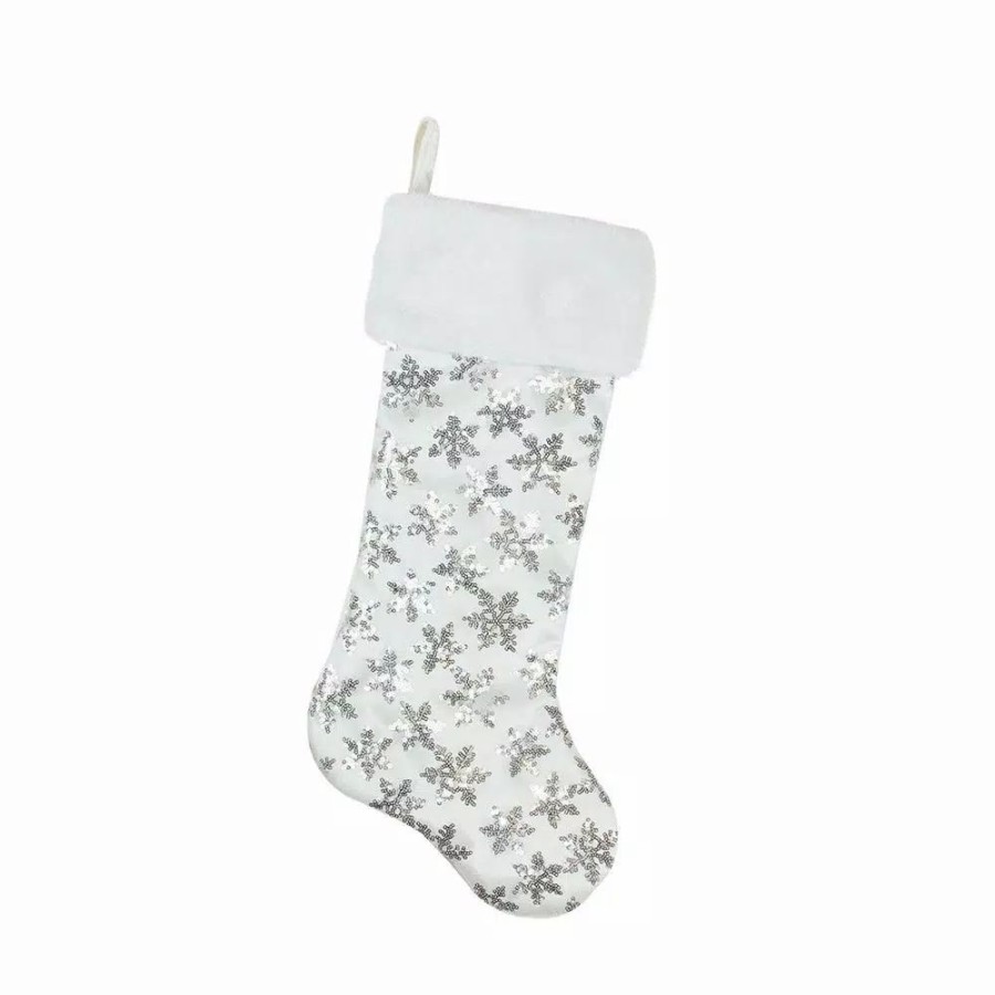 Indoor Christmas Decorations * | Northlight 20.5 In. Ice Palace White And Silver Sequin Snowflake Christmas Stocking With Faux Fur Cuff