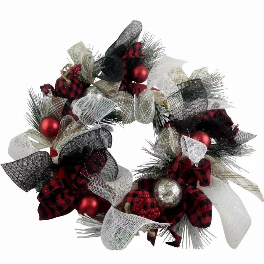 Christmas Greenery * | Fraser Hill Farm 20 In. Artificial Christmas Wreath With Ornaments And Buffalo Plaid Bows