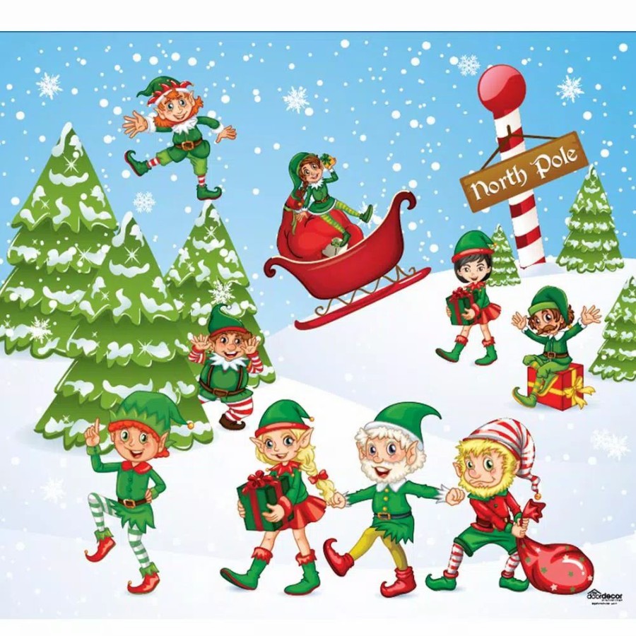 Outdoor Christmas Decorations * | My Door Decor 7 Ft. X 8 Ft. North Pole Elves-Christmas Garage Door Decor Mural For Single Car Garage