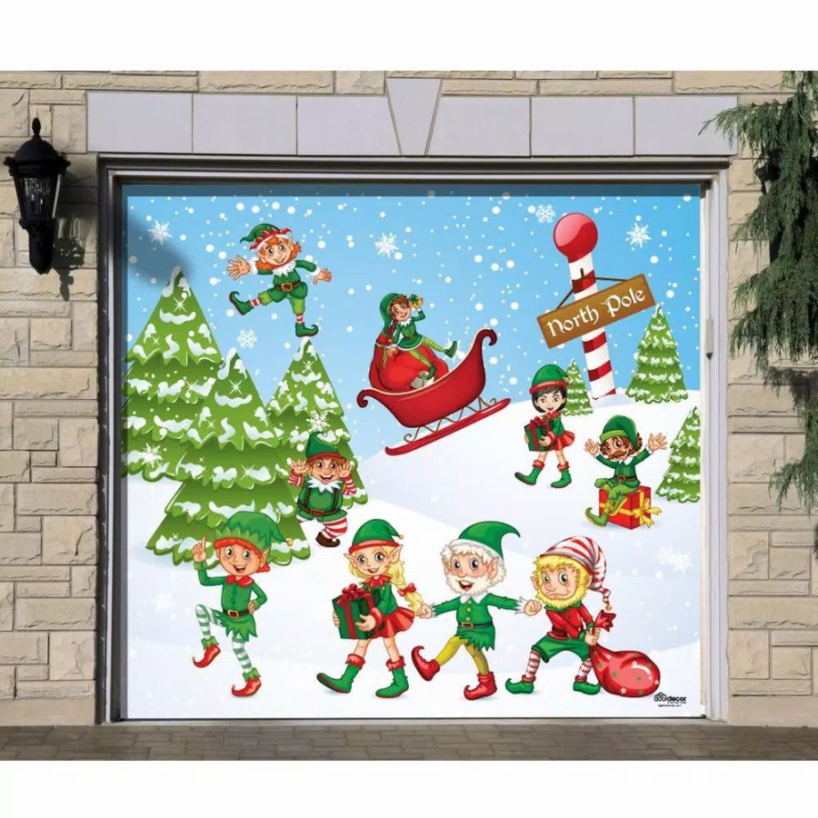 Outdoor Christmas Decorations * | My Door Decor 7 Ft. X 8 Ft. North Pole Elves-Christmas Garage Door Decor Mural For Single Car Garage