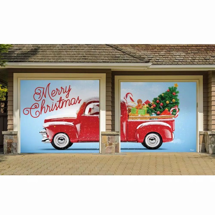 Outdoor Christmas Decorations * | My Door Decor 7 Ft. X 8 Ft. Red Truck Christmas-Christmas Garage Door Decor Mural For Split Car Garage