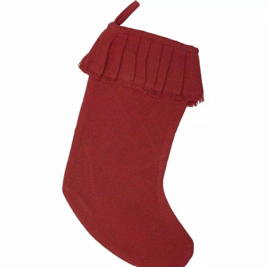 Indoor Christmas Decorations * | Vhc Brands 15 In. 100% Cotton Red Festive Burlap Farmhouse Christmas Decor Ruffled Stocking