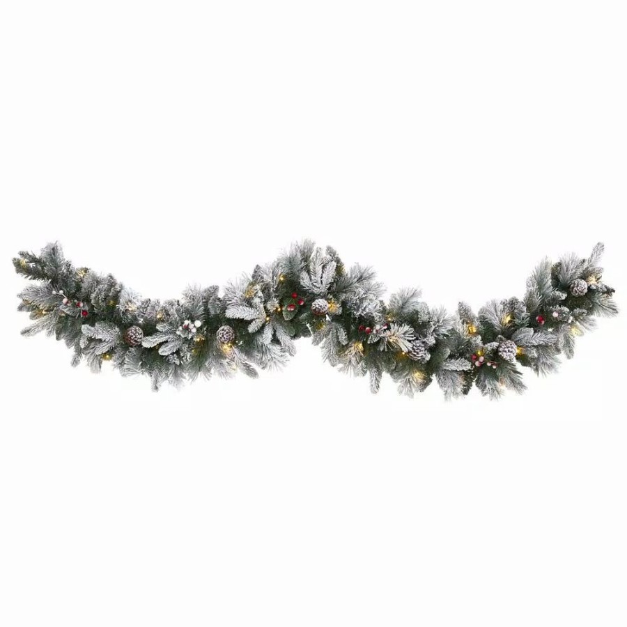 Christmas Greenery * | Nearly Natural 6 Ft. Battery Operated Pre-Lit Flocked Mixed Pine Artificial Christmas Garland With 50 Led Lights, Pine Cones, Berries