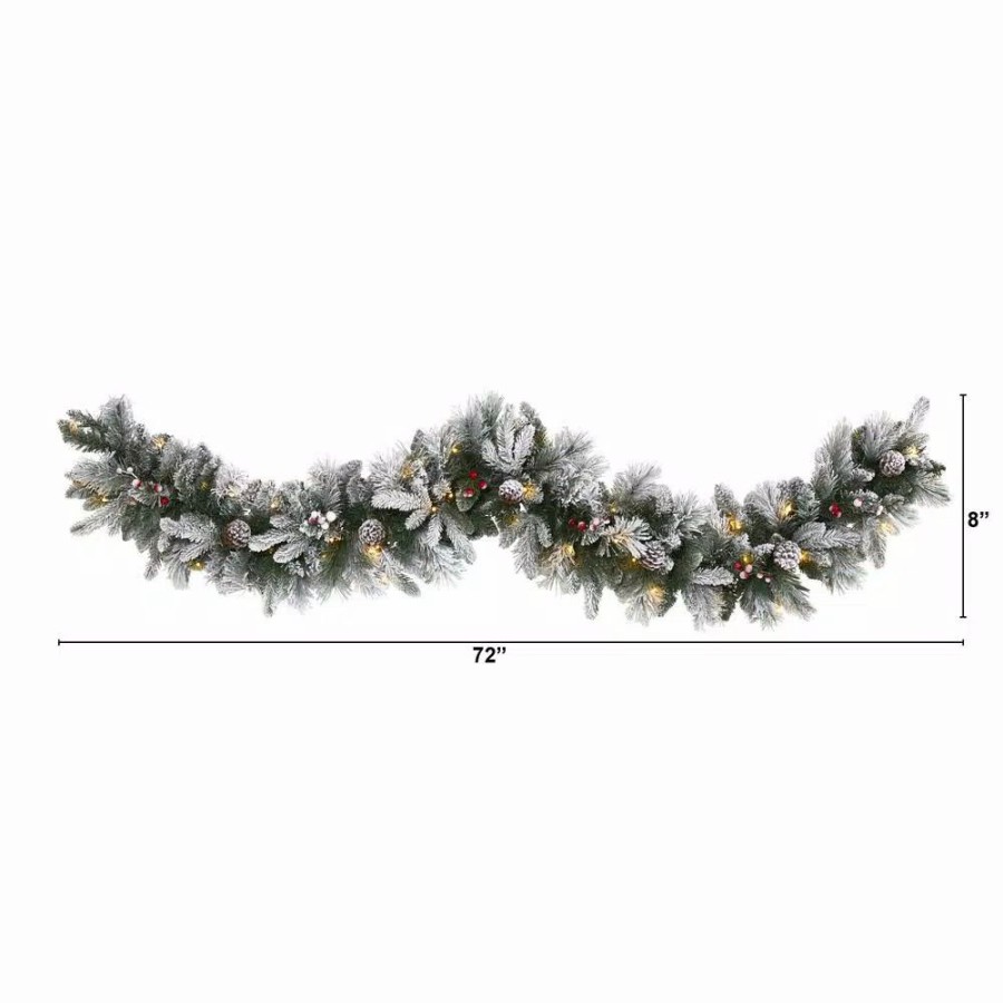 Christmas Greenery * | Nearly Natural 6 Ft. Battery Operated Pre-Lit Flocked Mixed Pine Artificial Christmas Garland With 50 Led Lights, Pine Cones, Berries