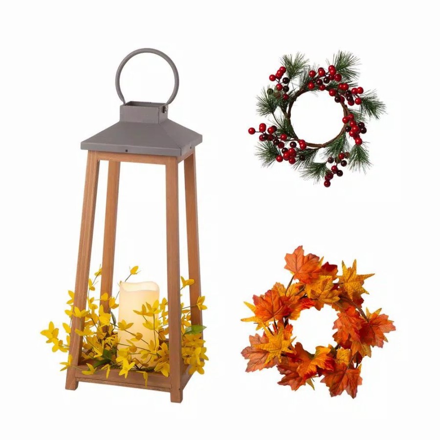 Indoor Christmas Decorations * | Glitzhome 19.29 In. H Wooden/Metal Led Pillar Lantern With 3 Changeable Candle Rings Spring/Fall/Christmas