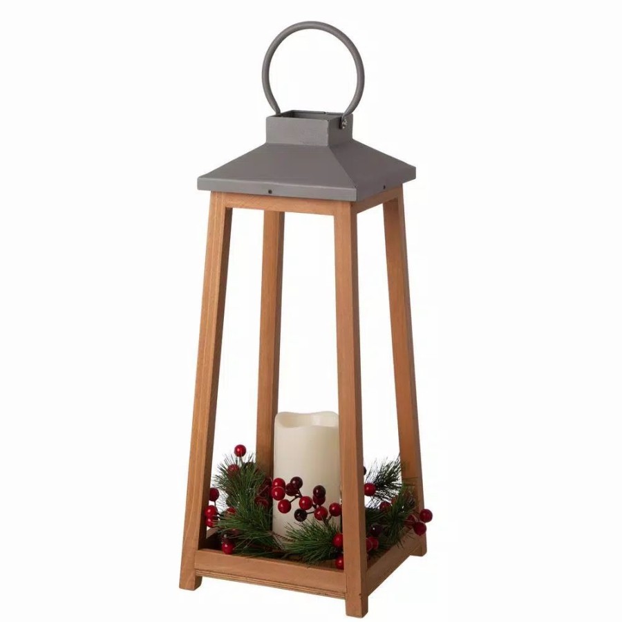 Indoor Christmas Decorations * | Glitzhome 19.29 In. H Wooden/Metal Led Pillar Lantern With 3 Changeable Candle Rings Spring/Fall/Christmas