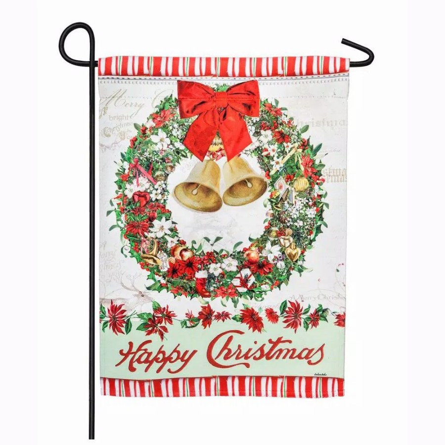 Outdoor Christmas Decorations * | Evergreen 18 In. X 12.5 In. Happy Christmas Bells Wreath Garden Suede Flag