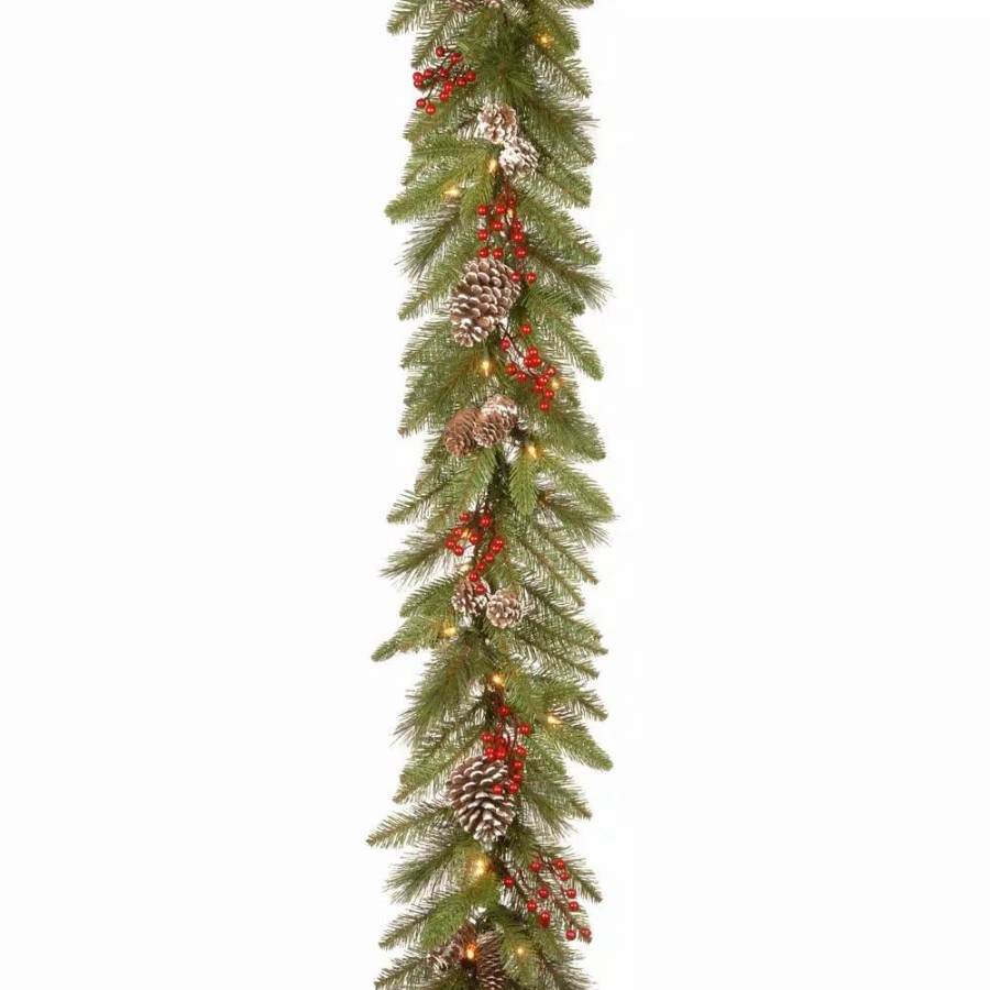 Christmas Greenery * | National Tree Company 9 Ft. Bristle Berry Pine Artificial Christmas Garland With Battery Operated Led Lights