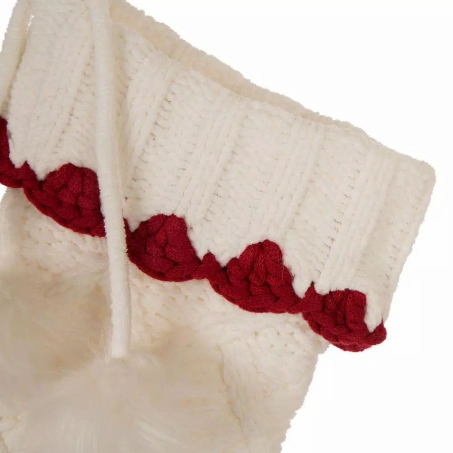 Indoor Christmas Decorations * | Glitzhome 22 In. L Knitted Polyester White Christmas Stocking With Red Trim And Pompom