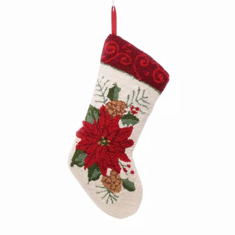 Indoor Christmas Decorations * | Glitzhome 19 In. Polyester/Acrylic Hooked Christmas Stocking With Poinsettia