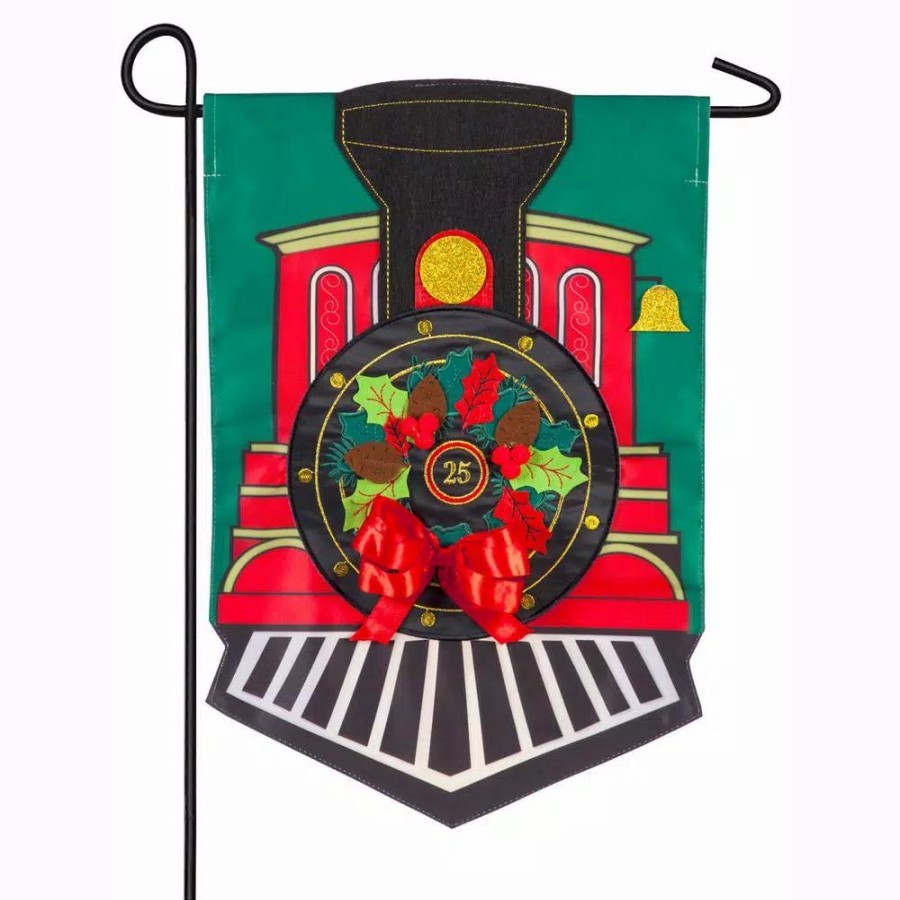 Outdoor Christmas Decorations * | Evergreen 18 In. X 12.5 In. Christmas Train Garden Applique Flag