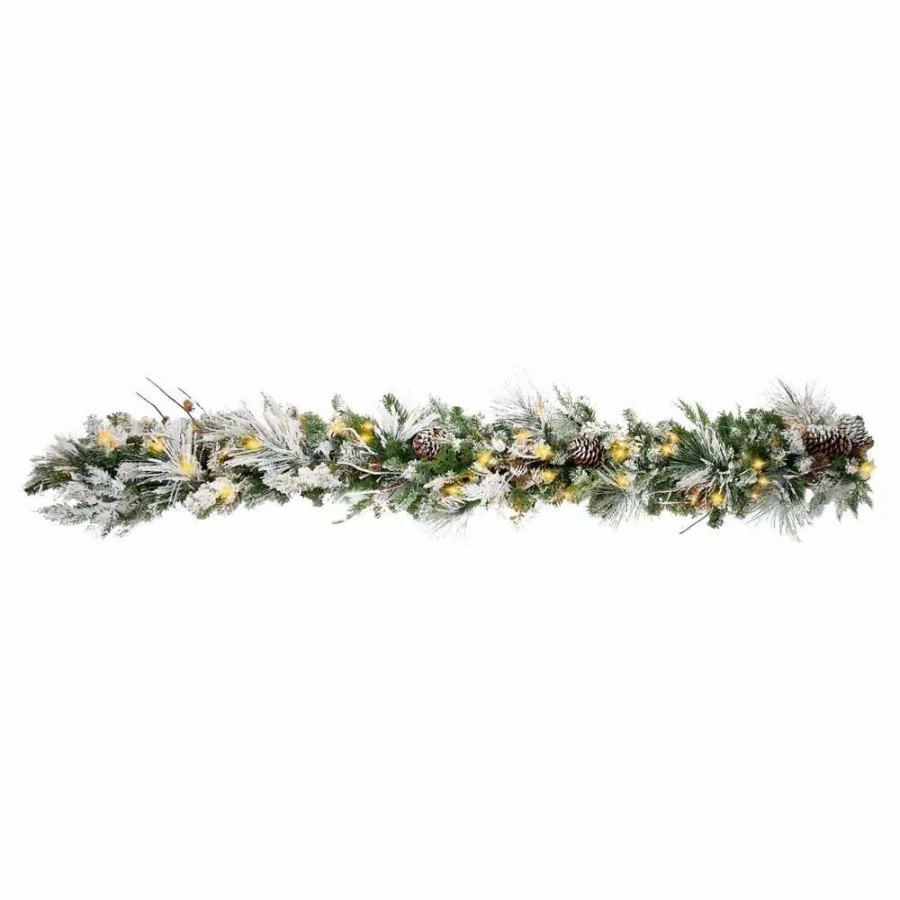 Christmas Greenery * | Haute Decor 6 Ft. Pre-Lit Led Snowfall Creek Artificial Christmas Garland With Pine Cones