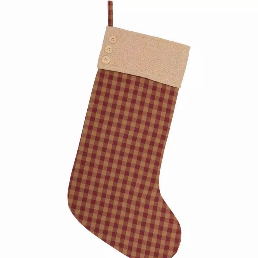 Indoor Christmas Decorations * | Vhc Brands 20 In. Cotton/Jute Burgundy Check Red Primitive Christmas Decor Button Stocking