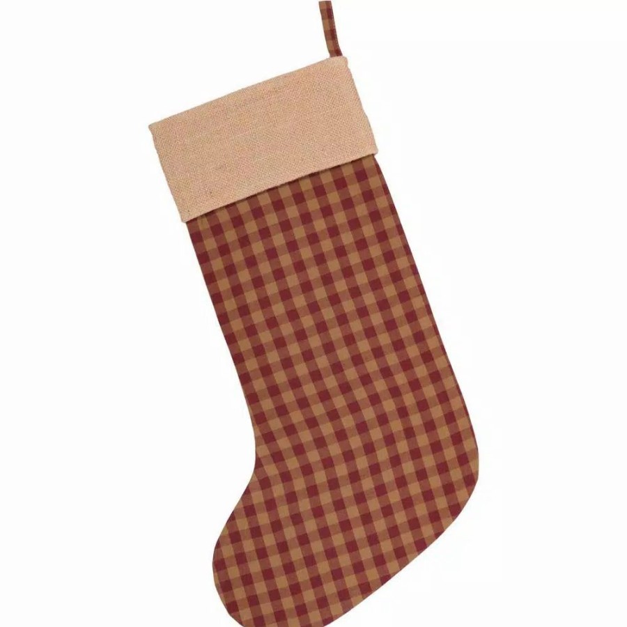 Indoor Christmas Decorations * | Vhc Brands 20 In. Cotton/Jute Burgundy Check Red Primitive Christmas Decor Button Stocking