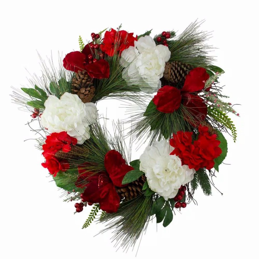 Christmas Greenery * | Northlight 24 In. Unlit Red And White Peony And Amaryllis Floral Grapevine Christmas Wreath