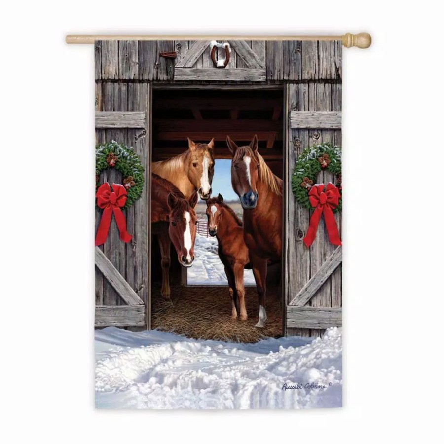 Outdoor Christmas Decorations * | Evergreen 18 In. X 12.5 In. Horse Family Christmas Garden Suede Flag