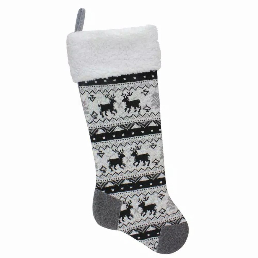 Indoor Christmas Decorations * | Northlight 23.25 In. Black Gray And White Polyester Rustic Lodge Knit Christmas Stocking With Sherpa Cuff