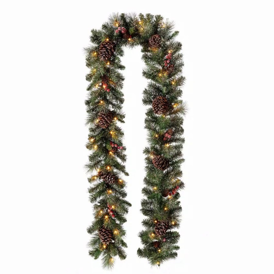 Christmas Greenery * | Glitzhome 9 Ft. L Pre-Lit Glittered Pine Cone Christmas Garland With Warm White Led Light