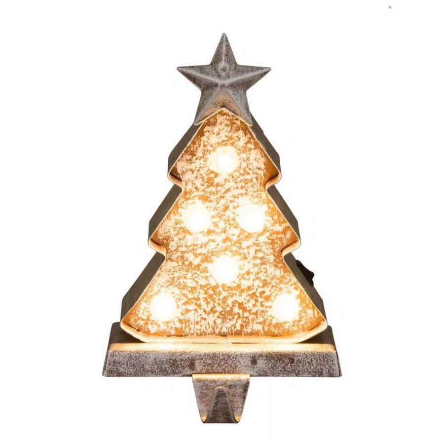 Indoor Christmas Decorations * | Glitzhome 7.50 In. H Marquee Led Wooden/Metal Christmas Tree Stocking Holder