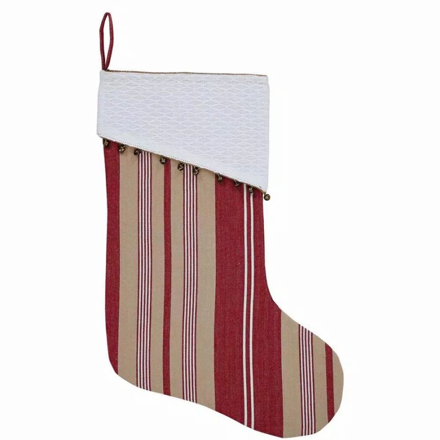 Indoor Christmas Decorations * | Vhc Brands 15 In. 100% Cotton Vintage Stripe Candy Apple Red Farmhouse Christmas Decor Stocking