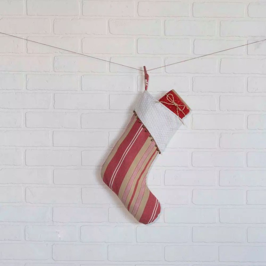 Indoor Christmas Decorations * | Vhc Brands 15 In. 100% Cotton Vintage Stripe Candy Apple Red Farmhouse Christmas Decor Stocking