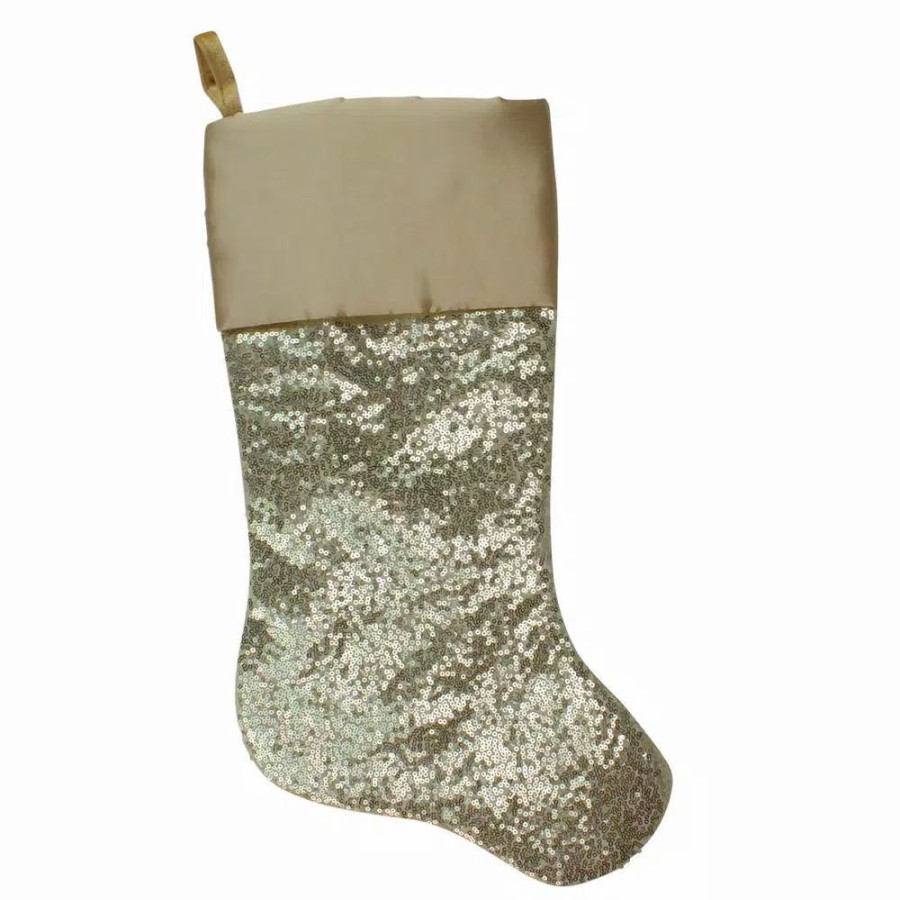 Indoor Christmas Decorations * | Northlight 22 In. Golden Metallic Sequined Polyester Christmas Stocking With Satin Cuff