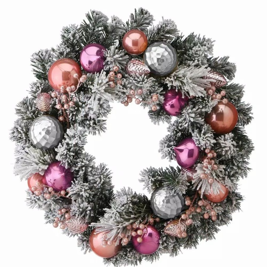 Christmas Greenery * | National Tree Company 24 In. Artificial Christmas Wreath With Flocked And Shatterproof Pink And Silver Ornaments