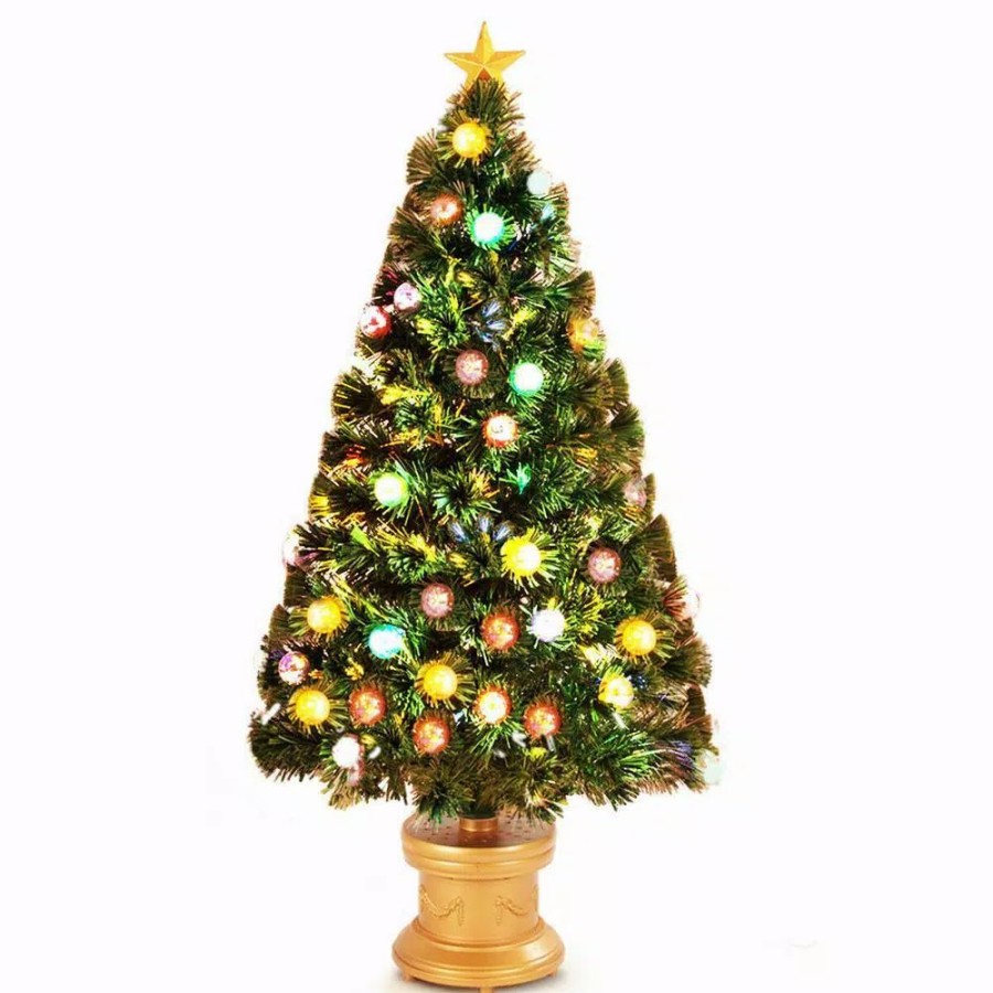 Christmas Trees * | Costway 4 Ft. Pre-Lit Christmas Tree Fiber Optical Firework With Ornaments And Gold Top Star